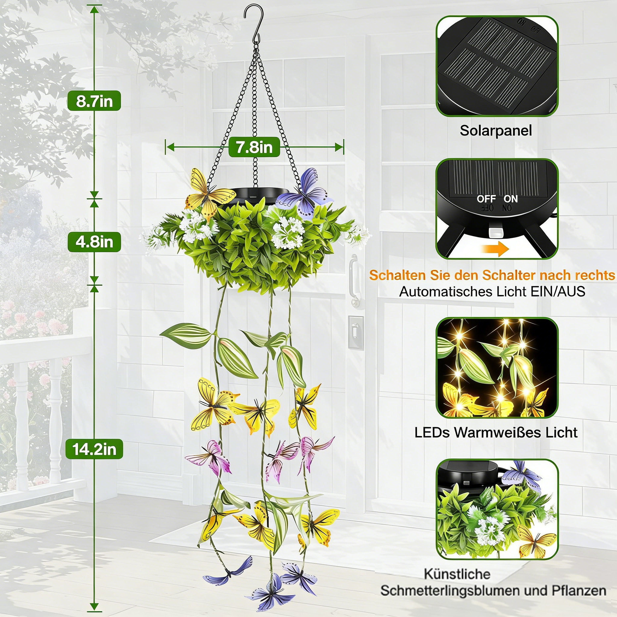 2er-Pack Hängende künstliche Pflanzen, Solar-Gartenlichterkette für den Außenbereich