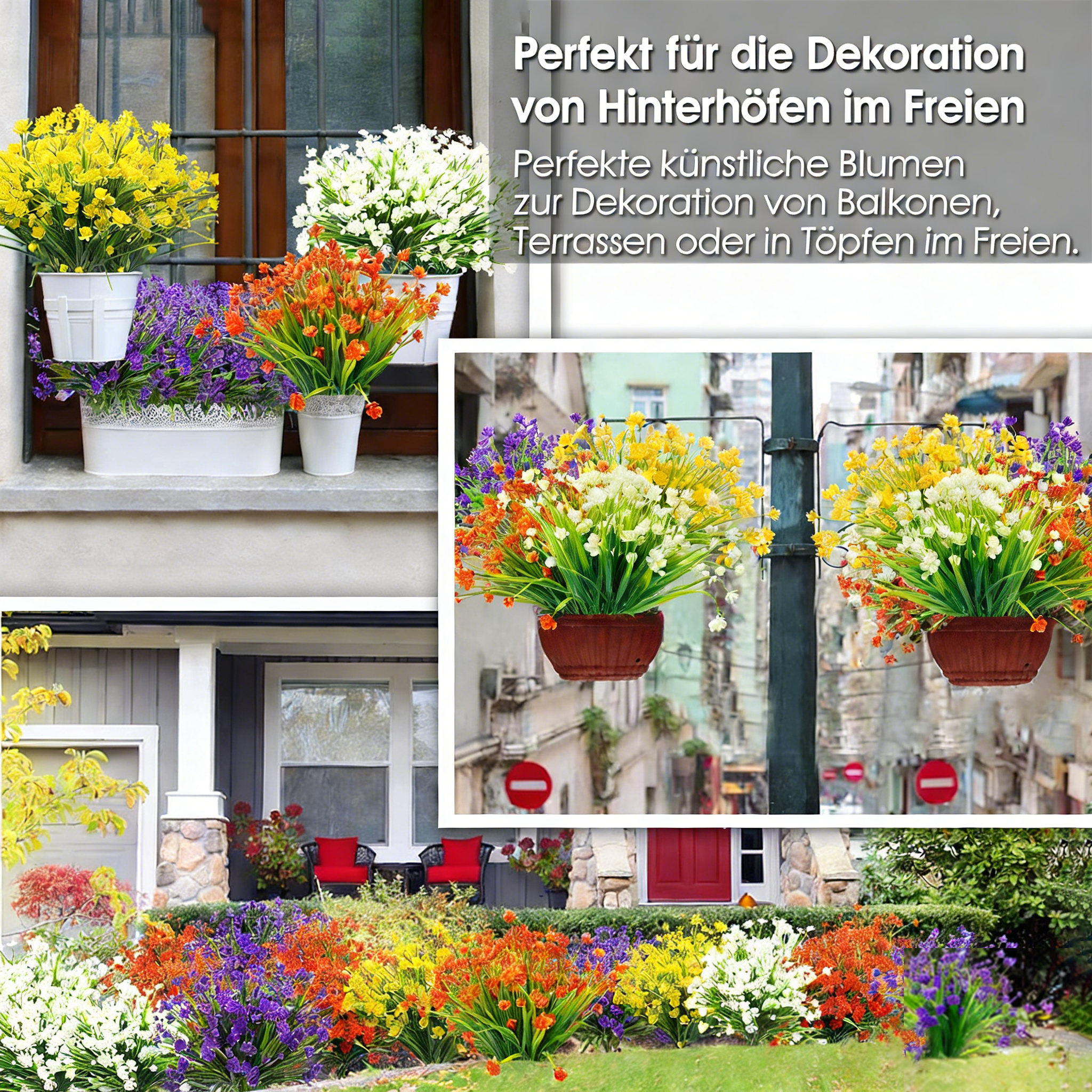 24 Bündel künstliche Blumen für den Außenbereich, farbechte Kunstblumen und künstliche Pflanzen zur Dekoration