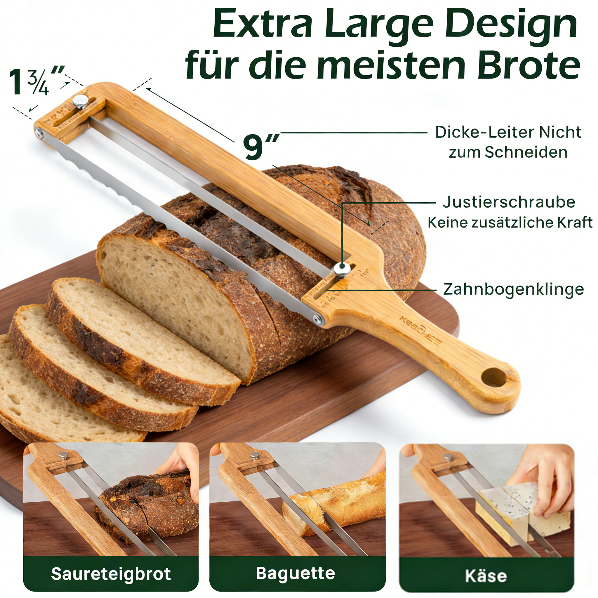Verstellbarer Brotschneider für selbstgebackenes Brot – Sauerteigbrotmesser mit Dickenanzeige und gezahnter Edelstahlklinge