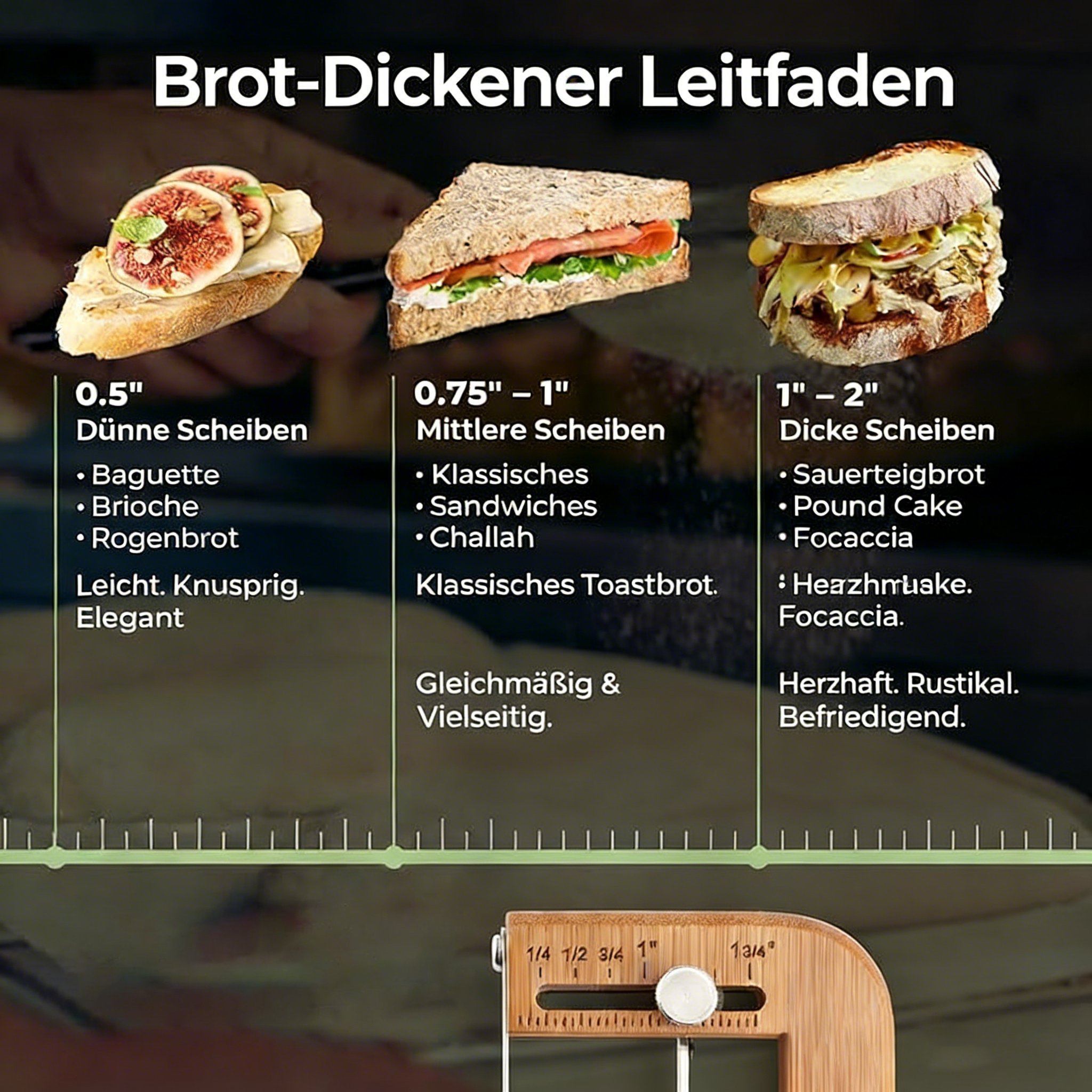 Verstellbarer Brotschneider für selbstgebackenes Brot – Sauerteigbrotmesser mit Dickenanzeige und gezahnter Edelstahlklinge