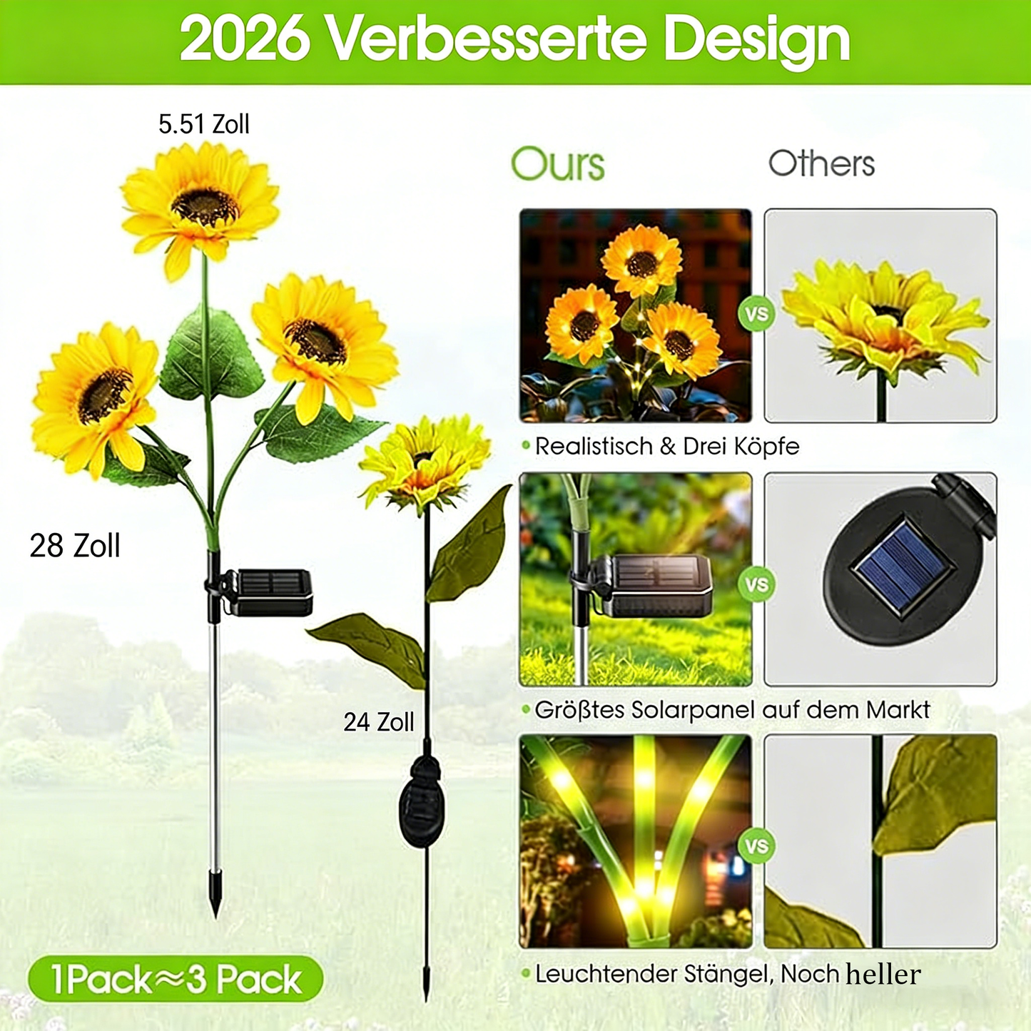 🌞Solar-Gartenleuchten mit 3 Sonnenblumenlichtern, wasserdichte Solar-Außenleuchten mit automatischer Ein-/Ausschaltfunktion