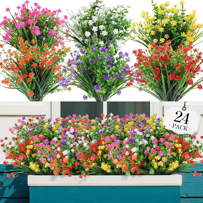 24 Bündel künstliche Blumen für den Außenbereich, farbechte Kunstblumen und künstliche Pflanzen zur Dekoration