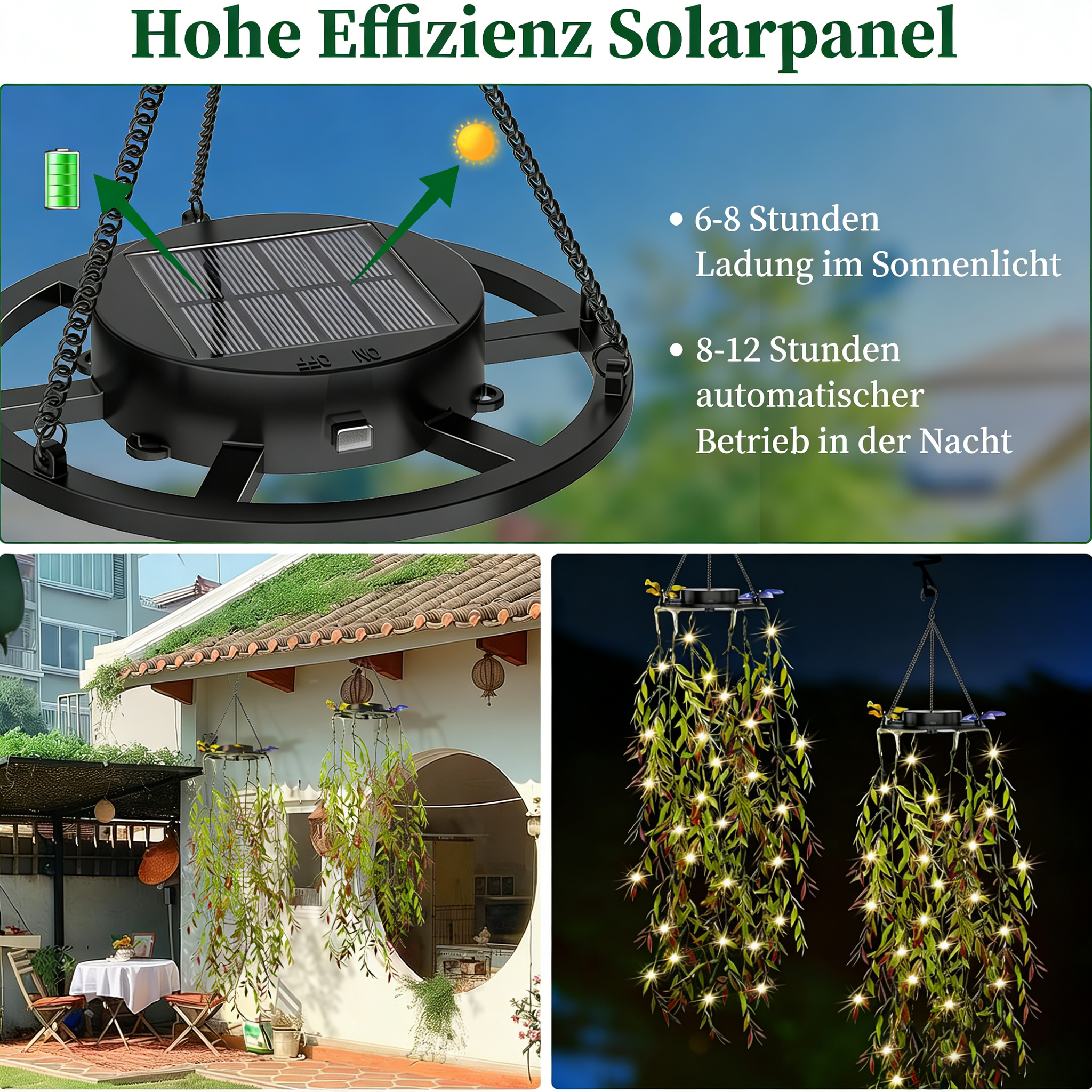 2er-Pack Hängende künstliche Pflanzen, Solar-Gartenlichterkette für den Außenbereich