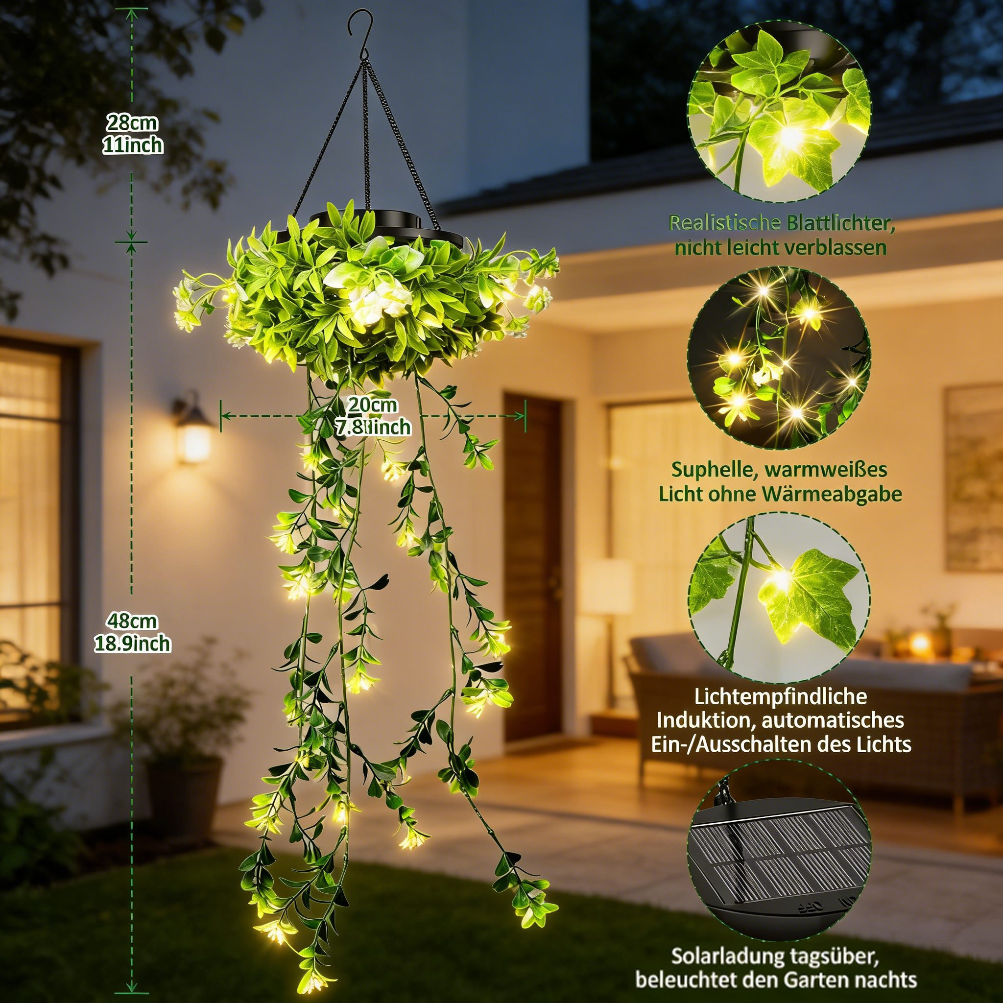 2er-Pack Hängende künstliche Pflanzen, Solar-Gartenlichterkette für den Außenbereich